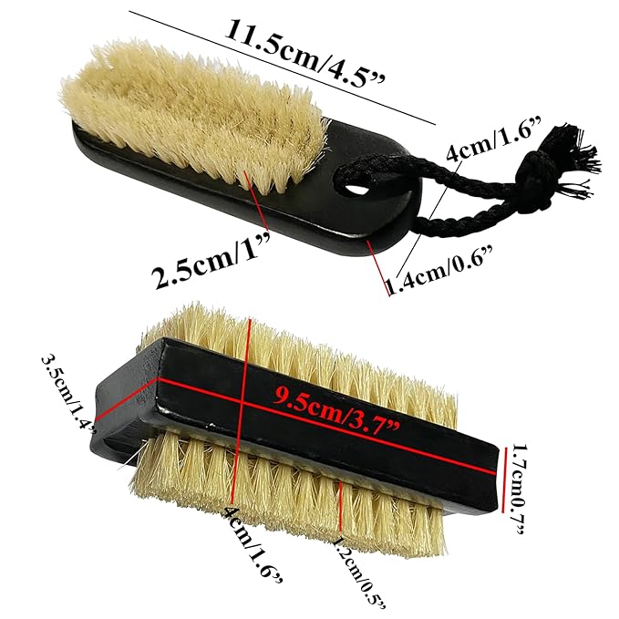 Coralpearl Wooden Nail Brush Cleaner Black X 2 in Natural 100% Boar Bristle for Cleaning Hand Finger Foot Toe, Fingernail Toenail Scrub Brush for Men Women Kids Manicure Pedicure (Two sided + w/Rope)
