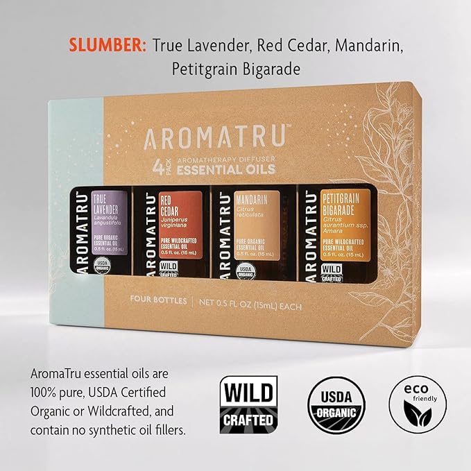 Slumber Essential Oil Kit – True Lavender, Red Cedar, Mandarin, and Petitgrain Bigarade – Organic & Wildcrafted – ISO Certified – No Synthetic Fillers – Ethically Sourced