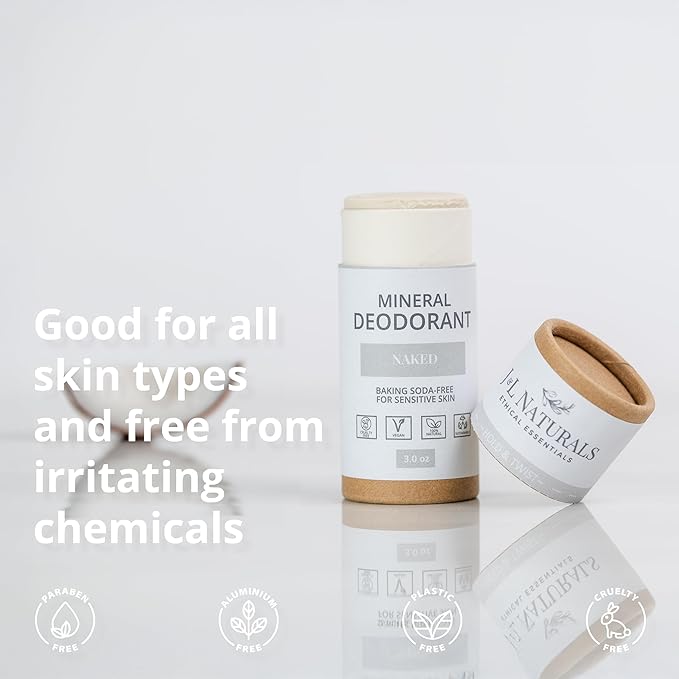 J&L Naturals Mineral Deodorant | Baking Soda-Free, 100% Natural, Sustainable Skin Care | Sensitive Deodorant For Women & Men | Aluminum Free, Vegan, Cruelty-Free (Naked, 3 Oz (Pack of 1))
