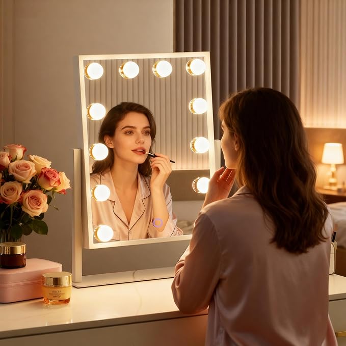 Hollywood Vanity Mirror with Lights, 14" x 19" Lighted Makeup Mirror with 3 Color Lights & Adjustable Brightness, 360° Swivel, Women's LED Mirror for Bedroom College Dorm for Desk