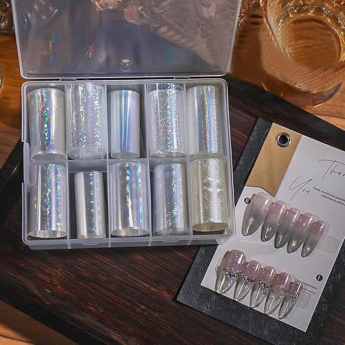 10Pcs Aurora Nail Foil Laser Nail Transfer Foil for Long Short Acrylic Nails Starry Sky Holographic Nail Art Stickers DIY Manicure Decoration Design Stickers Decals for Women