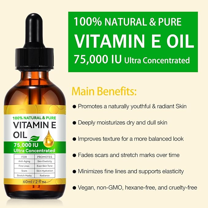 Vitamin E Oil for Skin,75,000IU New Ultra Pure Vitamin E Oil,100% Pure & Natural,Premium Grade,Cold-Pressed,for Scars Hair,Face,Nail,Scalp Perfect Bath and Body Oil