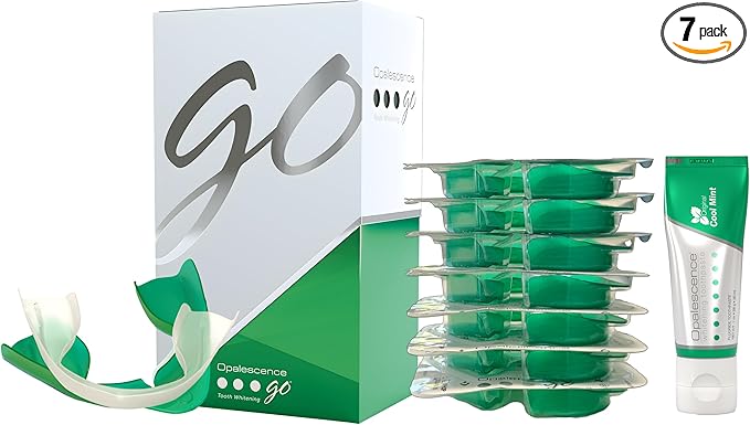 Opalescence GO 15 Whitening Bundle - (7 Treatments) Hydrogen Peroxide Prefilled Teeth Whitening Trays and Travel Original Whitening Toothpaste 1 Oz - Mint Flavor - 6238-1