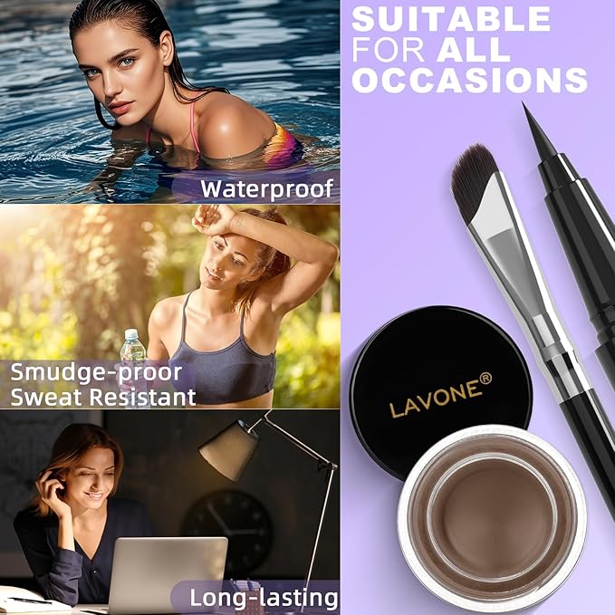 LAVONE Eyeliner Set - Waterproof Makeup Kit with Liquid Eye Liner Pencil, Gel Eyeliner and Angled Eye Liner Brush, Waterproof, Smudge Resistant, Long Lasting Formula - Brown