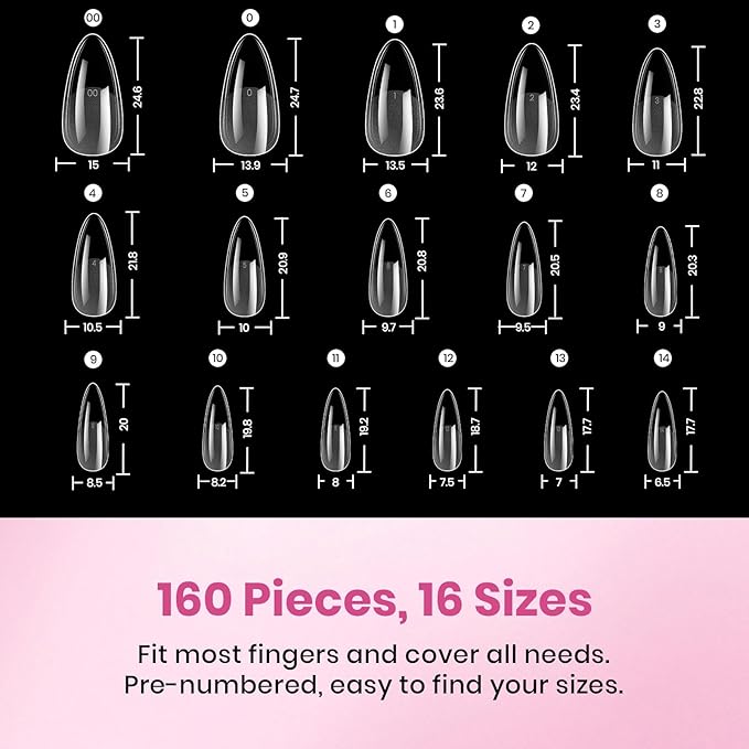 Beetles Gel Nail Tips Flat-X - Almond Medium, 160pcs 16 Sizes, Pre-Etched Half Matte Full Cover Soft Acrylic False Nail Tips Clear Press on Easy DIY Extension Salon for Flat & Natural Nail Beds