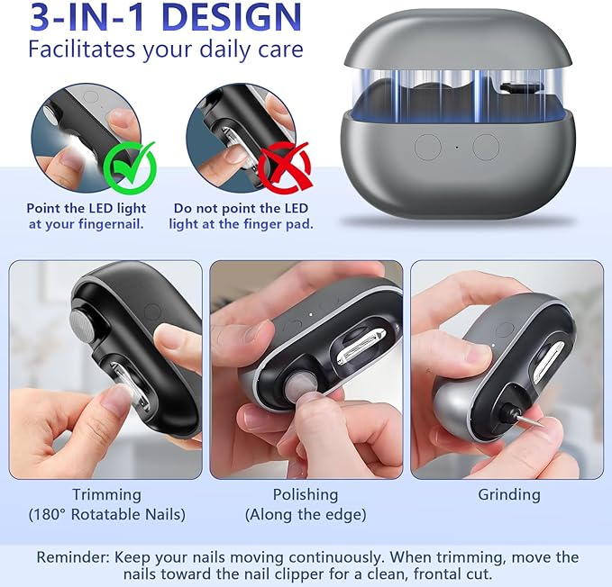 Electric Nail Clippers Seniors，3 in 1 Easy Clip Electric Nail Clippers，2 Speeds, Magnetic Cover, USB Charging,Polisher with LED Light, & Nail Scraps Storagefor Seniors, Adults, Kids