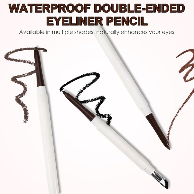 Dual-Ended Eyeliner + Brush, Waterproof Black Brown Eyeliner Pencil for Woman, Smudge-Proof Long-Lasting Wear Eye Makeup 2-Pack
