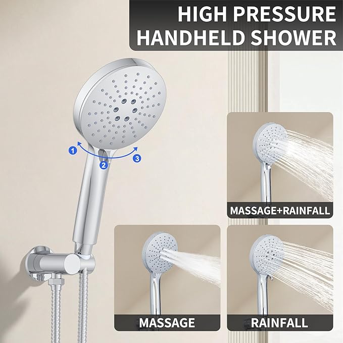 KOJOX Shower Set - Polished Chrome High Pressure Shower Head System- 3 Setting Headheld Shower Head Fixtures- Valve Included