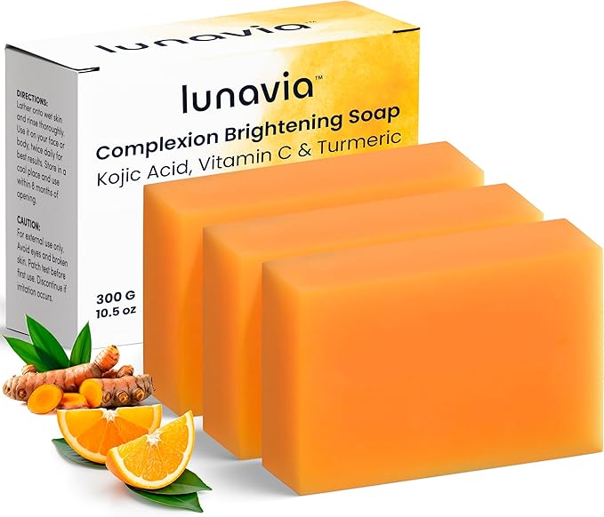 lunavia Kojic Acid Complexion Brightening Soap Bar with Vitamin C, Turmeric, Retinol, Collagen & Hyaluronic Acid – Brightening Face & Body Soap – Supports Brighter Skin, Even Skin Tone – 3 Pack