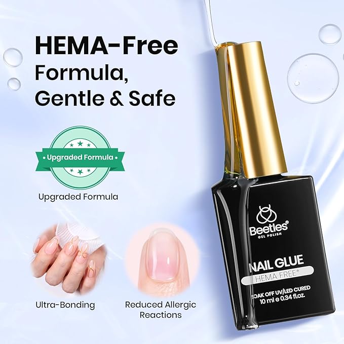 Beetles HEMA-Free Nail Glue for Acrylic Nails Tips, TPO Free 2Pcs 10ml Long Lasting Uv Nail Glue for False Nail Tips, Clear Press On Nails, Skin-Friendly, U V Light Required