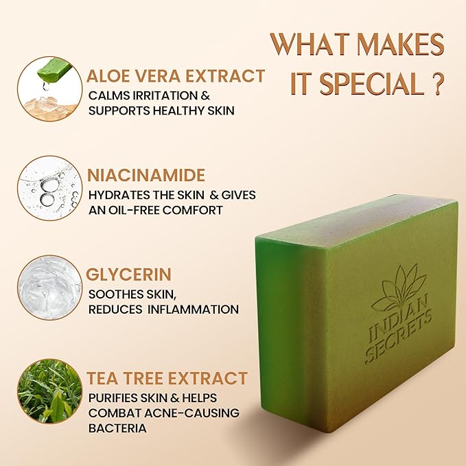 INDIAN SECRETS Scrub Soap with Salicylic Acid & Neem – Exfoliating Body & Face Soap – Enriched with Niacinamide, Tea Tree Extract, Neem, Salicylic Acid Pack of 3 (110g/3.88Oz each)