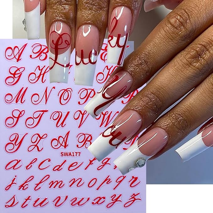 8 Sheets Letter Nail Stickers Retro English Letter Nail Decals 3D Self-Adhesive Black Red Blue Gold English Alphabet Nail Art Stickers Letters Sticker DIY Manicure Decoration Accessories for Women