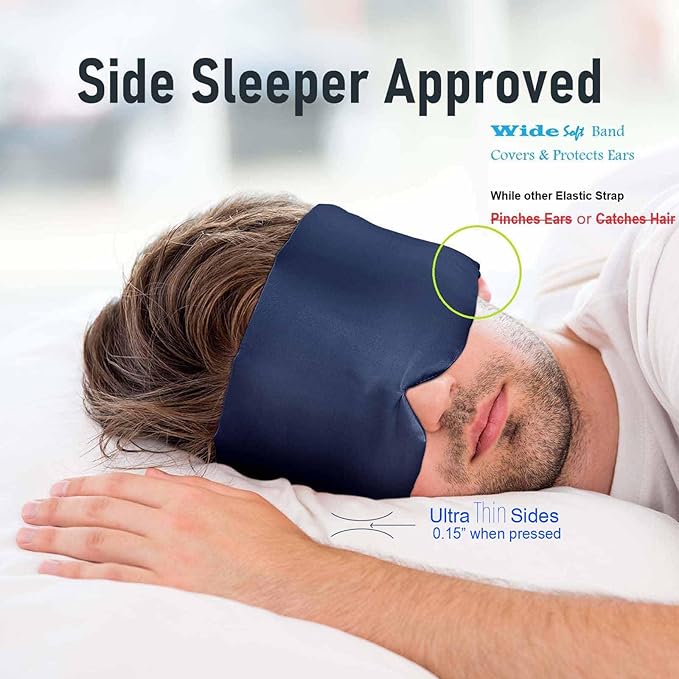 SOLZEK Nature Silk Sleeping Mask Soft Featherweight Eye Mask Large Wrap-Around Blindfold with Adjustable Velcro Blackout for Wild Sleeper Nose Cut (NavyBlue)