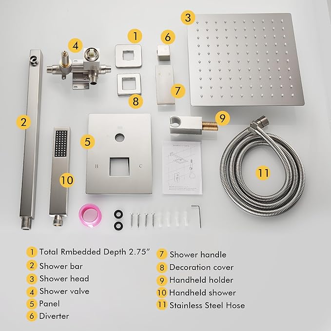 Fransiton Shower Faucet set with Shower head 10 Inches Rainfall Shower Head and Handle Set Single Handle Wall Mounted Shower System Set with Female Threads Valve Body(Brushed Nickel)