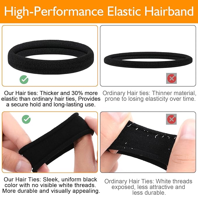 Black Hair Ties No Damage 100PCS High Stretching Hair Ties Thick Hair Bands Large Ponytail Holders for Women Girls Thick Heavy Curly Hair