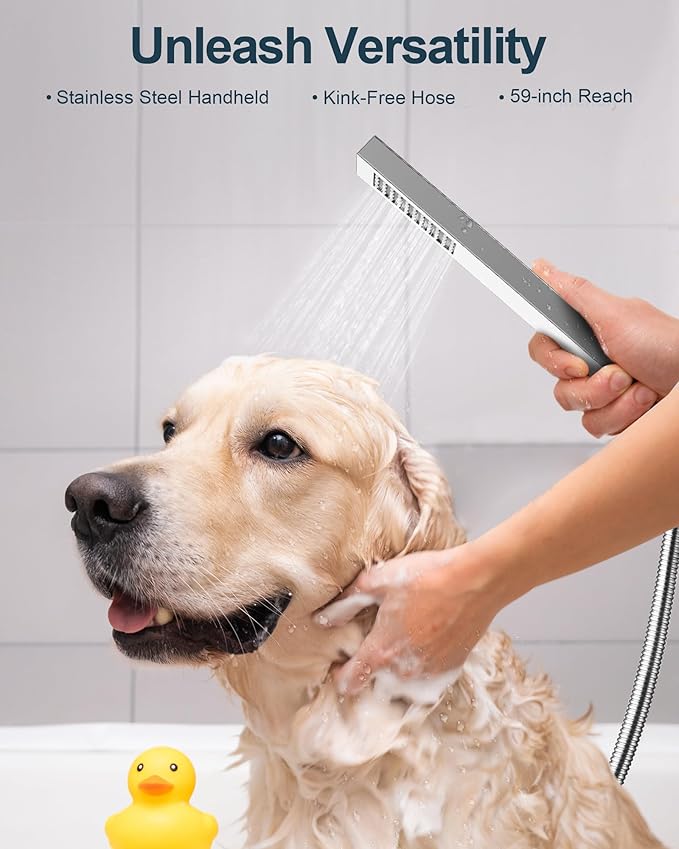 GRANDJOY Thermostatic Shower System, Dual Rainfall Shower Heads for Ceilling & Wall Mounted with Handheld Sprayer, Chrome
