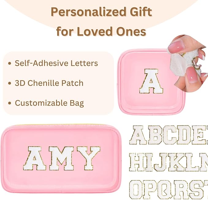 GODEAGLE 2PCS Personalized Makeup Preppy Bag Set, 2PCS Toiletry Bag & 26 Chenille Letters, Clear Makeup Pouch, Birthday Gifts for Girls (Pink)