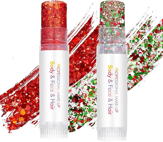 Body Glitter Stick for Face, Body & Hair - Red & Green Chunky Sparkle Glitter, 2 Pack | Long Lasting Party Makeup for Festival, Rave, Concert & Cosplay