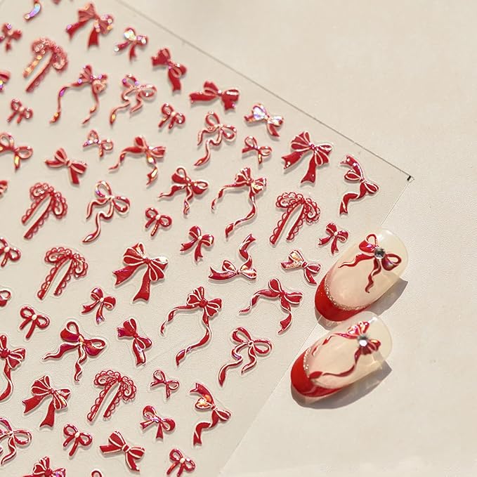 Valentine Bow Nail Art Stickers Bow Nail Decals 3D Self-Adhesive Bows Nail Design Sticker Valentines Manicure Decals Decoration Accessories for Women Holiday DIY Supplies