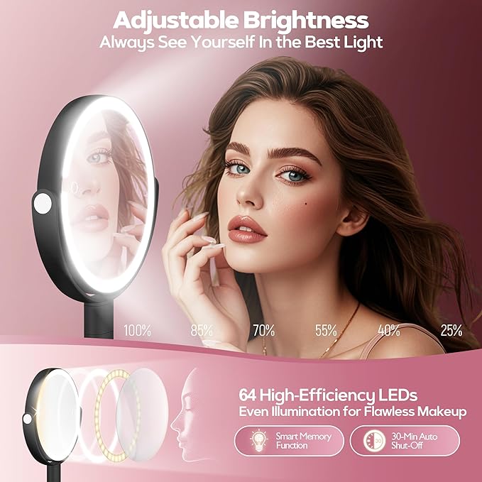 Makeup Mirror with Lights, 30X Magnifying & Height Adjustable, Lighted Magnifying Mirror with 3 Light Modes and Stepless Dimming, Vanity Mirrors for Bathroom, Birthday Gift for Women, Black