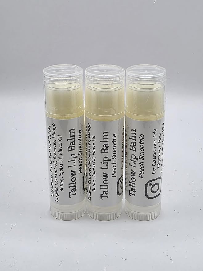 Tallow Lip Balm (Peach Smoothie) Handmade Grass Fed Beef Tallow Lip Balm with Nourishing Oils (3 Pack)