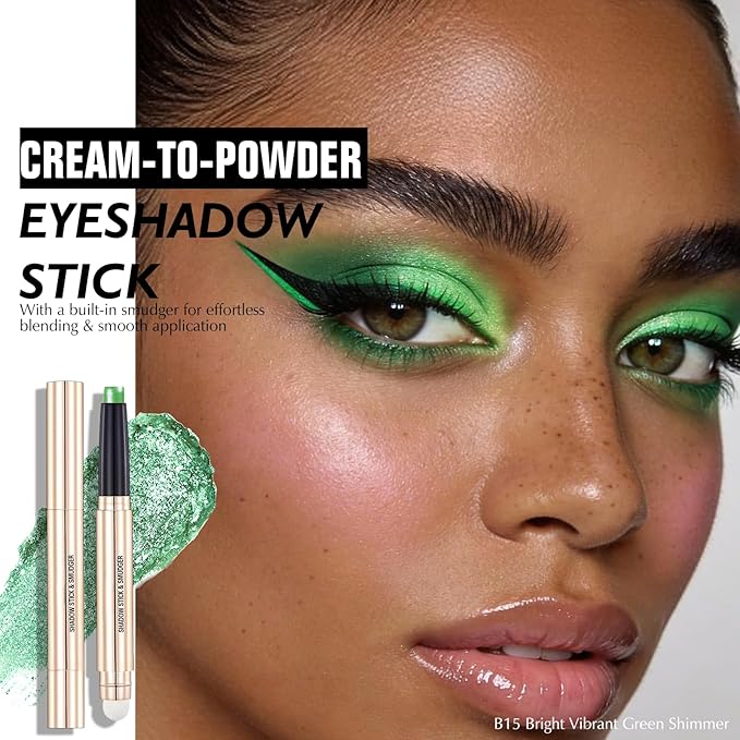 Bright Green Shimmer Eyeshadow Stick - Dual-Ended Long-Lasting Cream Eye Shadow for Older Women Crease-Proof Metallic Eyeshadow Pencil, Multi-Use Eye Highlighter Makeup with Built-in Smudger