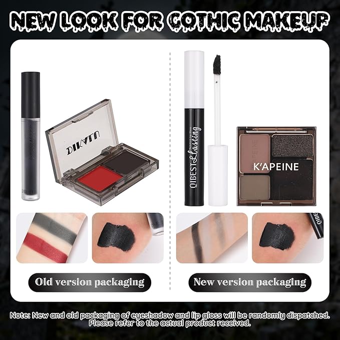 Halloween Goth SFX Makeup Kit, Complete Gothic Makeup Set Include White Liquid Foundation, Eyeliner, Setting Powder, Eyeshadow & Black Lipstick for Halloween Cosplay, Carnival, Theater