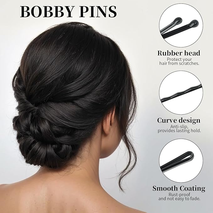 YGDZ 750PCS Bobby Pins Black Kit, 250 Hair Pins for Women, 2 Inch Wave Bobby Pins for Black Hair, 500 Clear Elastic Hair Ties, Bulk Hair Pin for Buns, Hair Accessories for Women, Kids, Girls