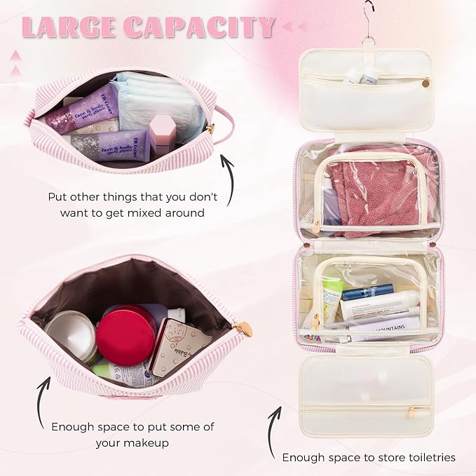 Fystdtote Travel Toiletry Bag Cosmetic Bag Skin Care Bag Cute Makeup Bag Sister Wife Friend Engagement Wedding Gifts for Women Tween Girls Trendy Stuff Thank You Gift - Pink N