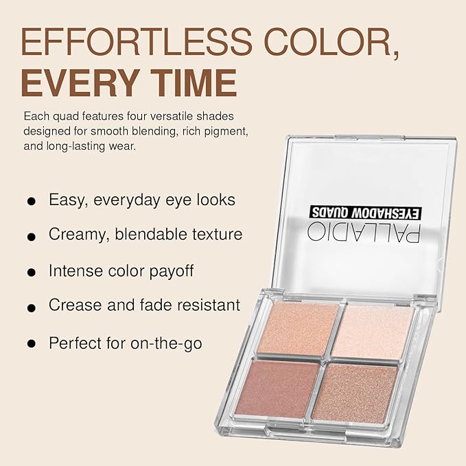 Palladio Eyeshadow Quads, Velvety Pigmented Blendable Matte, Metallic & Shimmer Finishes, Creamy Formula, Four Way Quad Eye Shadow Palette, Talc-Free (Miss Popular)
