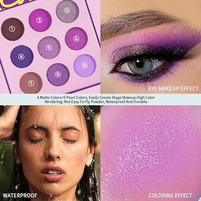 9-Color Purple Eyeshadow Palette – Matte, Shimmer & Glitter Shades in Magenta, Lavender, Lilac, Violet & Taupe, High Pigment Long-Lasting Waterproof Blendable Eye Makeup for Bold & Creative Looks