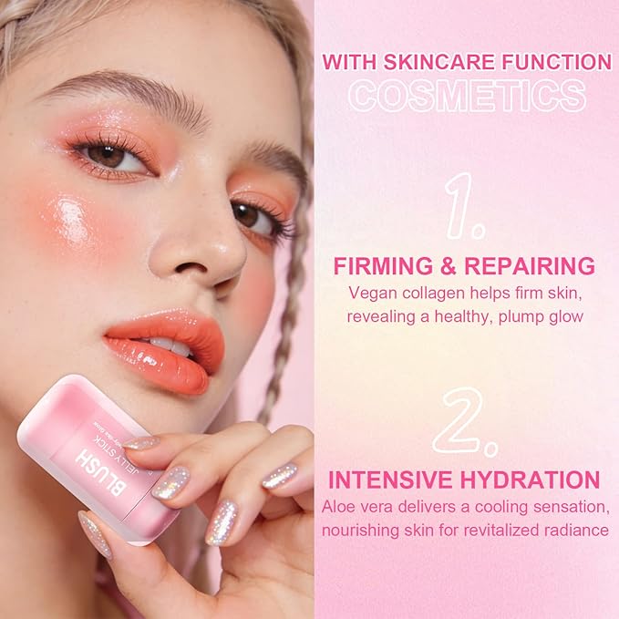 2 Pcs Jelly Blush Contour Stick for Cheeks Eyes Lips Lightweight Dewy Finish Blush Stick Waterproof Long Lasting Lightweight, Sheer & Buildable Color Makeup Set for Wome (SET B)