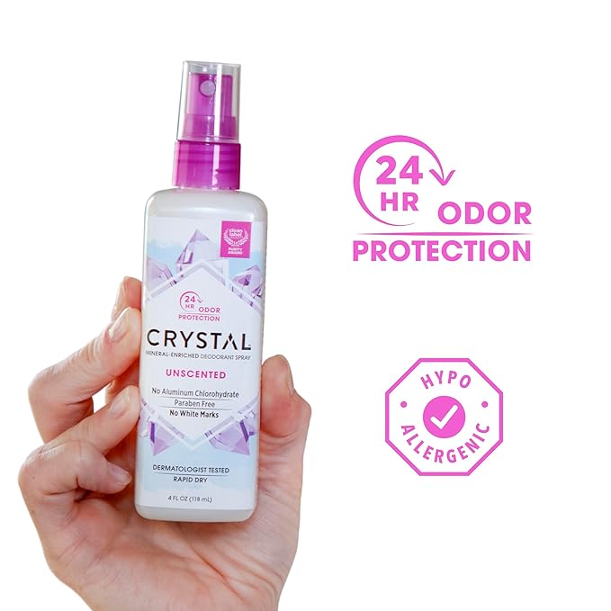 CRYSTAL Mineral Deodorant Spray- Unscented Body Deodorant With 24-Hour Odor Protection, Aluminium Chloride & Paraben Free, 4 FL OZ, Pack of 6