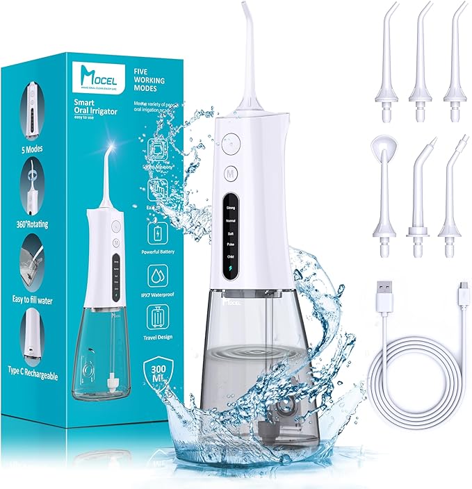 MOCEL Water Dental Flosser OLED Display Cordless Teeth Cleaning MOCEL 5 Modes Oral Irrigator 300ML Portable and USB C Rechargeable IPX7 Waterproof Floss Teeth Pick (White)