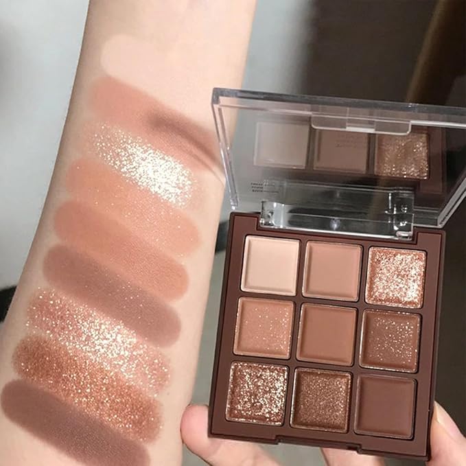 Erinde 9 Colors Eyeshadow Palette, Matte Shimmer Glitter Eye Shadow Palette Makeup, Highly Pigmented Long Lasting Waterproof, Natural Neutral Nude Eyeshadow Makeup Pallet, Chocolate Brown