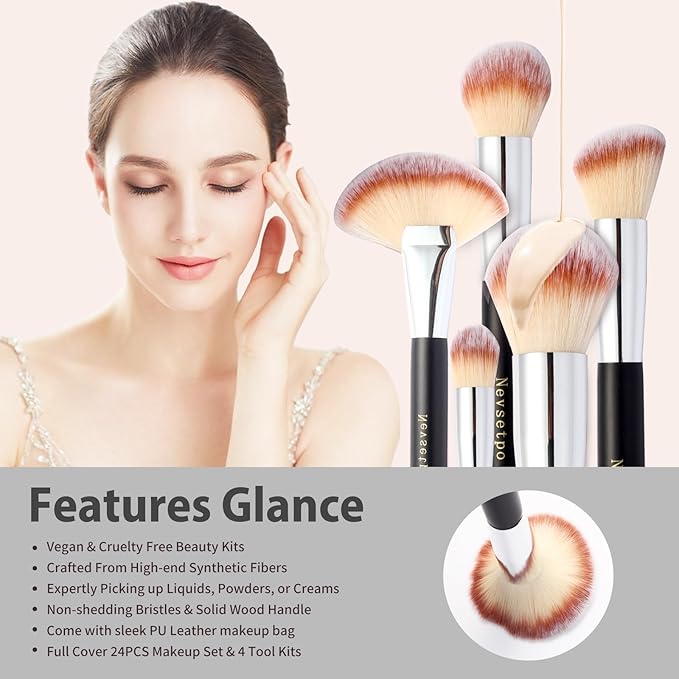 Makeup Brushes for Women, 28PCS Full Makeup Kits Include 24 Makeup Brushes, 2 Large Beauty Blenders, 1 Face Mask Spatula, 1 Brush Cleaning Egg, Makeup Brush Set with Travel-Friendly Case, Black