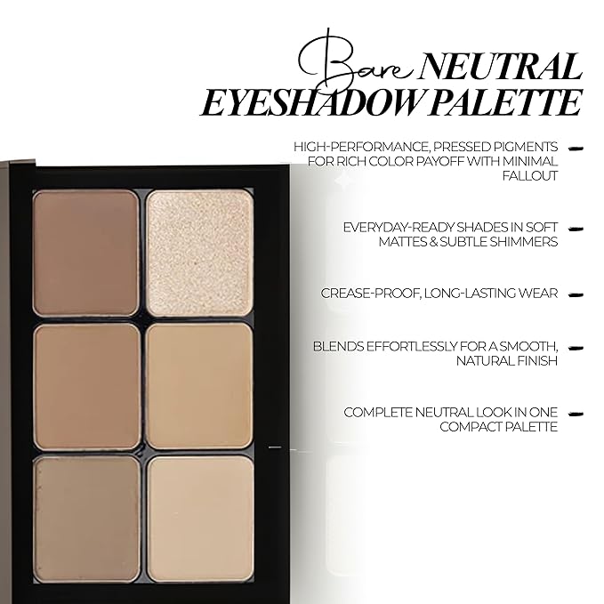 Eyeshadow Palette – 6 Highly Pigmented, Crease-Proof Matte & Shimmer Shades – Long-Lasting, Blendable & Buildable Pigments – Compact & Travel-Friendly (Bare Neutrals)
