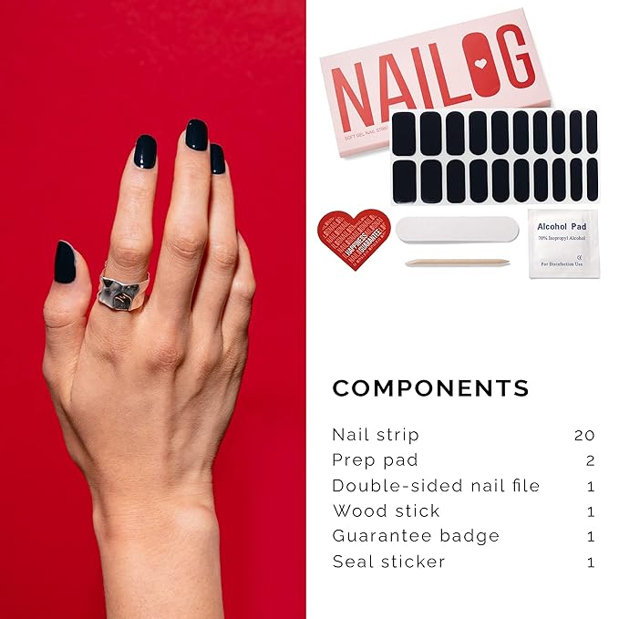 NAILOG Semi Cured Nail Strips (20 Extra Long Gel Nail Strips) │ Glossy & Long Lasting Nail Polish Stickers with Soft Gel Finishing │Noir