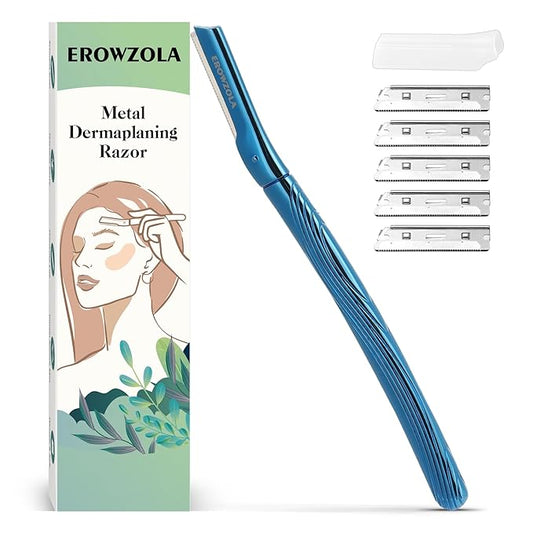 Eyebrow Razor, Face Razors for Women and Men, Reusable Metal Handle with 6 Refill Blades, Eyebrow Trimmer with Precision Cover, Dermaplane Razor, Skin Care Tool - Blue