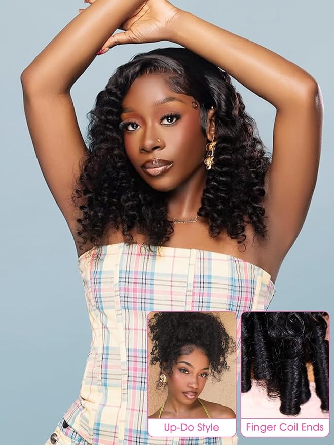ORIGINAL QUEEN Burmese Curly Wear and Go Glueless Wig Human Hair Curly Texture with Finger Coil Ends Upgrade 9X6 T Part Pre Cut Lace Flip Over Beginner Friendly with Drawstring 180% Density 24 Inch