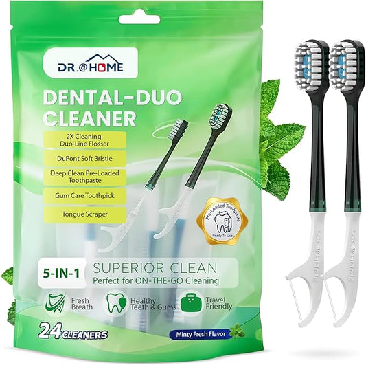 Disposable Travel Toothbrush on The go, Oral Care Set, Prepasted Mini Toothbrush 5 in 1 (Mint Paste+ Soft Bristles+Flosser+Pick+Tongue Scraper) | Individually Wrapped 24 Count - 1 Pack