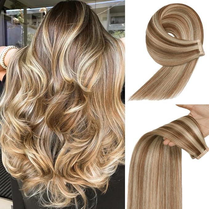 Human Hair Tape in Extensions Chestnut Brown to Blonde Highlight 16 Inch 20pcs Seamless Skin Weft Tape in Hair Extensions Straight Remy Tape in Hair Extensions Human Hair (P6/613#,16 Inch)