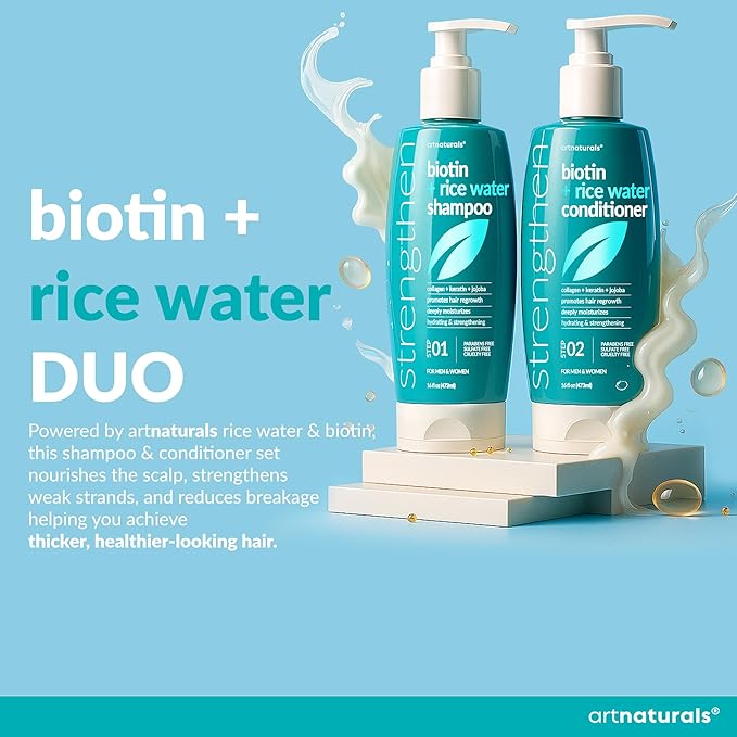 Biotin Rice Water Shampoo and Conditioner Set - Sulfate-Free Formula – Dual Bottle - Made with Collagen, Keratin, and Jojoba to Promote Strength, Shine, and Growth 16 Fl Oz 2 PK