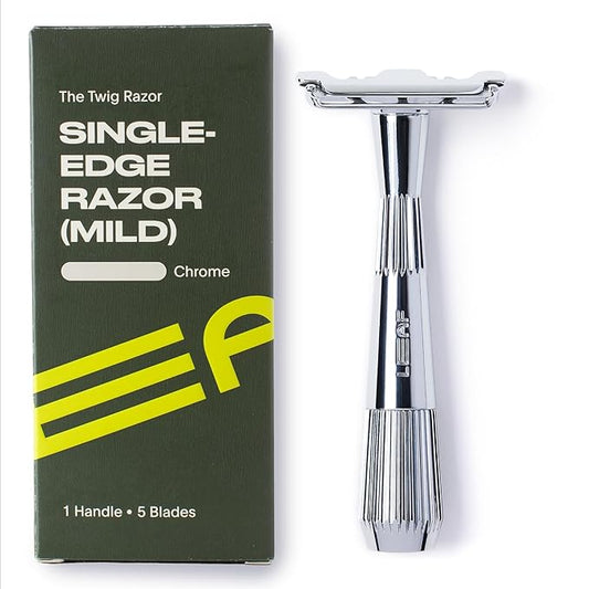Leaf Twig Razor by Leaf Shave, All-Metal Single Blade Razor for Men & Women, Fixed Head w/Magnetic Load Assist, Includes 5 Stainless Steel Blades - Face Shaving, Lighter Hair, Sensitive Skin - Chrome