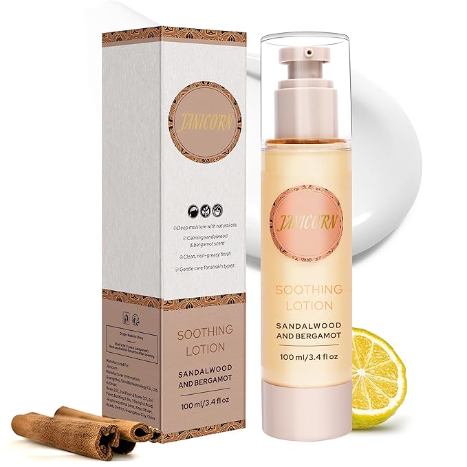 JANICORN Sandalwood & Bergamot Aromatherapy Body & Massage Lotion – Lightweight, Hydrating Moisture with a Woody-Citrus Essential Oil Aroma for a Refreshing Self-Care Experience, 3.4 fl oz / 100 ml