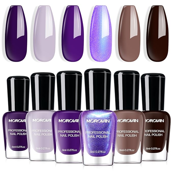 Morovan Purple Nail Polish Set: Brown Nude Glitter Nail Polish Kit Dark Purple Sparkle Shimmer Regular Air Quick Dry Fingernail Polish Pack for Women 2025 Nail Art Design Gift Holiday Party