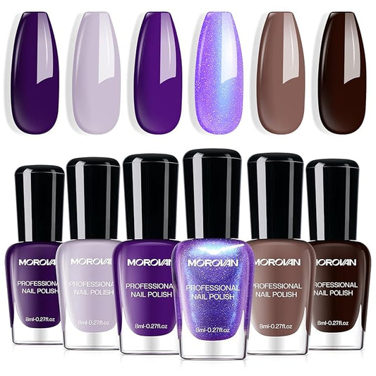 Morovan Purple Nail Polish Set: Brown Nude Glitter Nail Polish Kit Dark Purple Sparkle Shimmer Regular Air Quick Dry Fingernail Polish Pack for Women 2025 Nail Art Design Gift Holiday Party