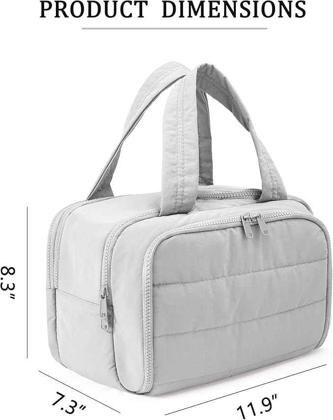 BUZFOWU Travel Toiletry Bag for Women, Large Wide-open Puffy Cosmetic Makeup Bag with Wet-Dry Separation, Multi-Pocket Organizer with Carry Handle for Toiletries, Cosmetics, Essentials, Light Grey