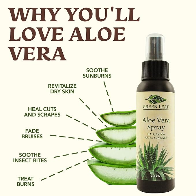 Green Leaf Naturals Aloe Vera Spray Bottle Travel Size | Vitamin C, E & A | Skin Care, Hair Spray, Facial Moisturizer, Hair Growth, Facial Cleanser, Sunburn Relief & After Sun Lotion 3.3oz