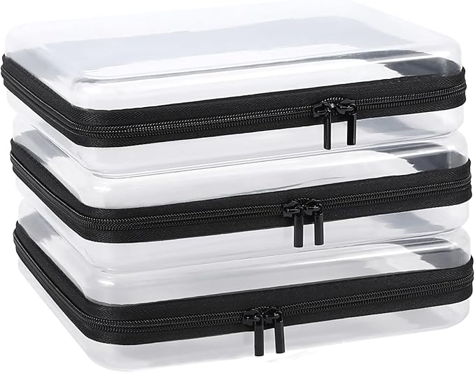 YOPCDJ 3 Pack Clear Hard Shell Zipper Case, Clear Zipper Pouches Waterproof Makeup Organizer & Travel Toiletry Bag, Plastic Pouch for Travel Office Storage, Black Large Size